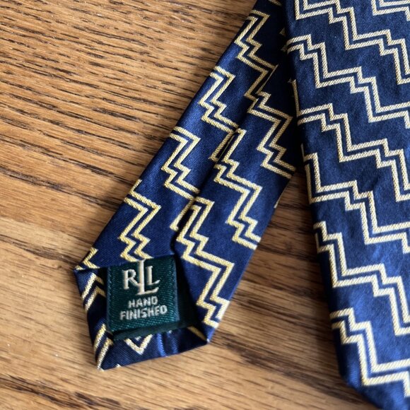 Lauren RALPH LAUREN Men’s Silk Tie  Navy Blue/Gold Uneven Stripe Design Made USA - Picture 2 of 6